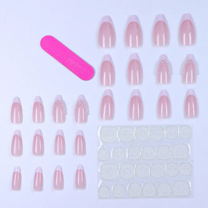 24PCS French Almond Fake Nails with Pearl Trim - Smarsty