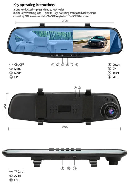 Dual Lens Dashcam With 4.3 Inch Rearview Mirror FHD 1080P - Smarsty