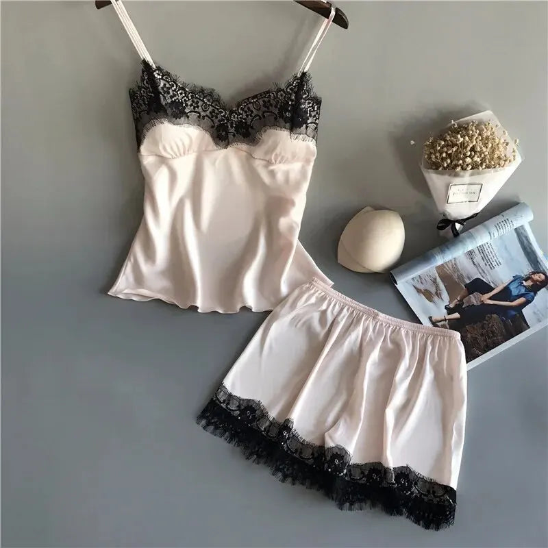 Women Pajama Suit Fashion V-Neck Lace Sexy Lingerie Pyjamas Sleep Shorts Set Sleepwear New - Smarsty