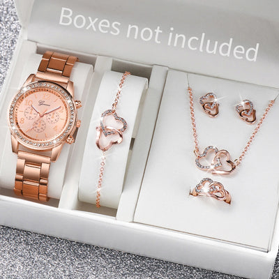 6PCS Women's Rhinestone Quartz Watch Set with Stainless Steel Band - Smarsty