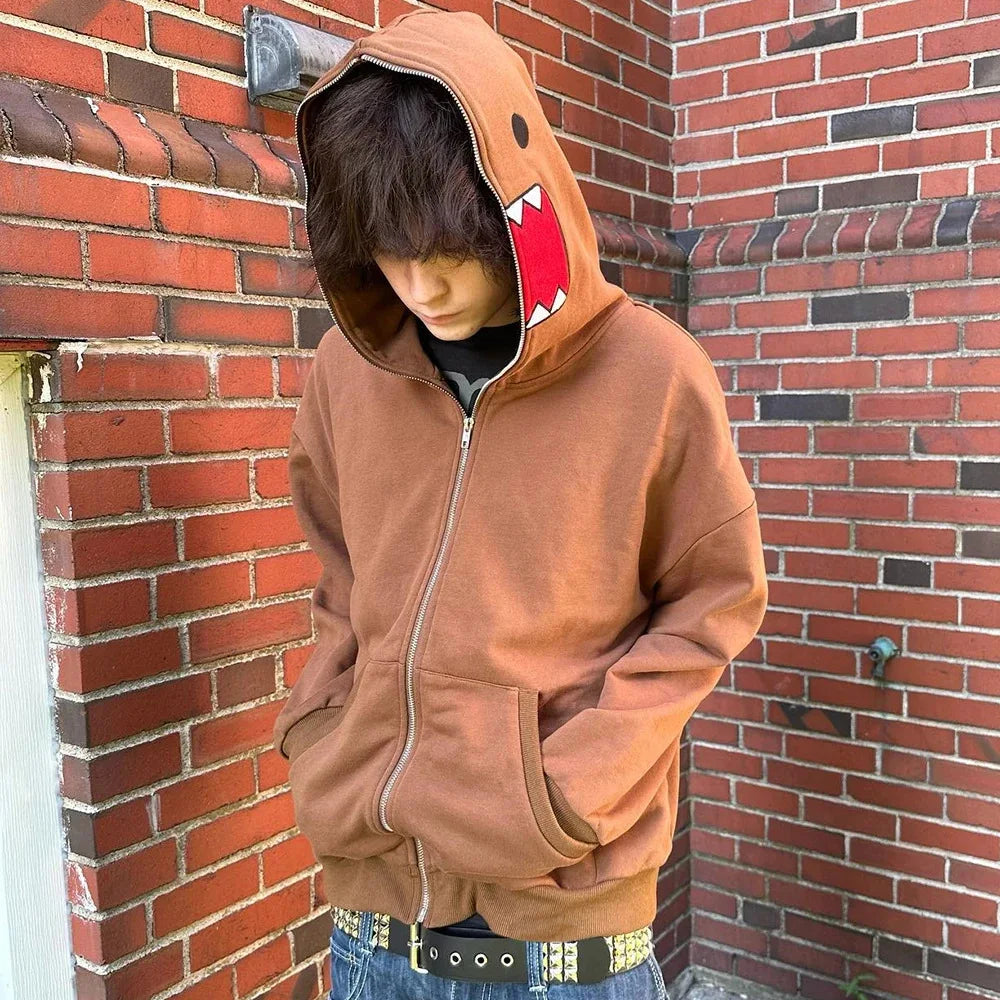 Domo kun Unisex Embroidered Jacket Long Sleeve Zipper Hooded Sweatshirt for Autumn Winter Cardigan