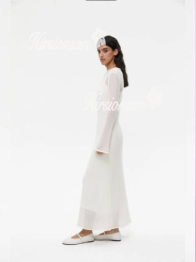 Hirsionsan Spring Autumn O-Neck Elastic Knit Long Dresses Women 2024 Elegant Chic Soft Lady Hollowing Sweater Dresses Femme New - Smarsty