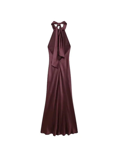 TRZA-Women's Long Satin Halter Dress, Backless, Bow Tied, Back Zipper, Female Dresses, Sexy Fashion - Smarsty