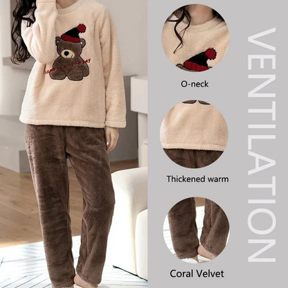 2pcs/Set Large Size Padded Thickened Warm Fall And Winter Women's Pajamas Long-Sleeved Long Pants Set Coral Velvet Cartoon Bear - Smarsty