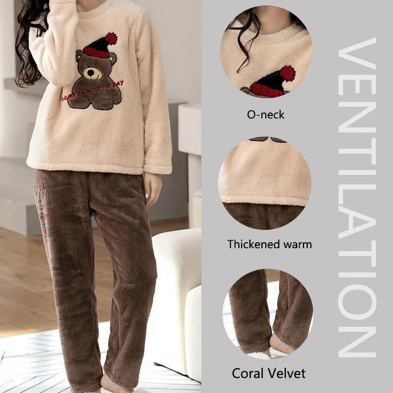 2pcs/Set Large Size Padded Thickened Warm Fall And Winter Women's Pajamas Long-Sleeved Long Pants Set Coral Velvet Cartoon Bear - Smarsty