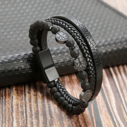 Men Leather Bracelet with Tiger Eye Beads Stylish Gift - Smarsty
