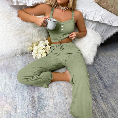 New Women's two-piece pajama set with solid color lace edging sexy slim fit suspender and pants soft and comfortable pajamas set - Smarsty