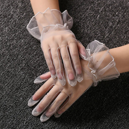 Women Lace Tulle Gloves Stretchy Full Finger Wedding Gloves - Smarsty