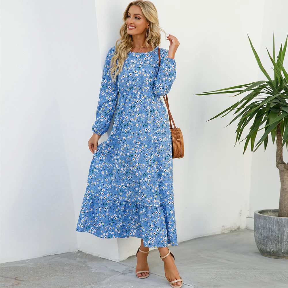 2023 Sping Summer Bohemian Women Maxi Dress Casual Long Sleeve High Waist Beach Woman Chiffon Dresses Floral Vestidoes Mujer New - Smarsty