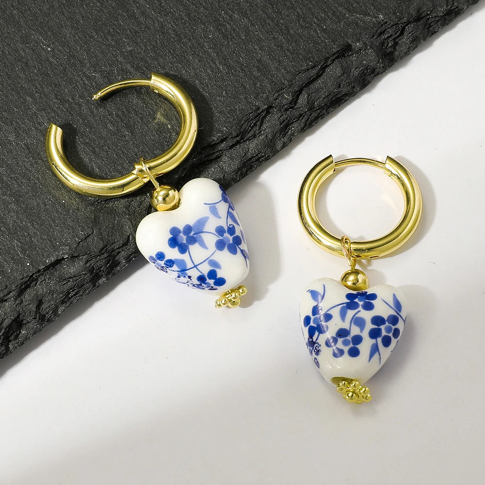 Vintage Blue White Porcelain Teapot Heart Dangle Earrings - Smarsty
