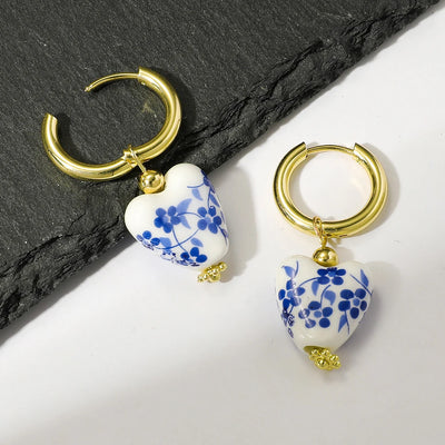 Vintage Blue White Porcelain Teapot Heart Dangle Earrings - Smarsty