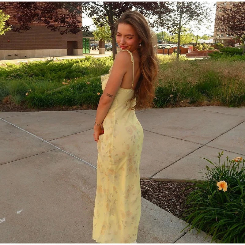 Summer Flower Printed Women's Sexy Low-cut Dress Sleeveless Backless Slim Sling Dresses 2025 Beach Vacation Lady Vestidos