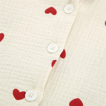 Summer New Love Heart Print Pyjama 100% Cotton Long Sleeve Set 2Pcs Outfit Lapel Sleepwear Button Down Women's Pajamas Nightwear - Smarsty