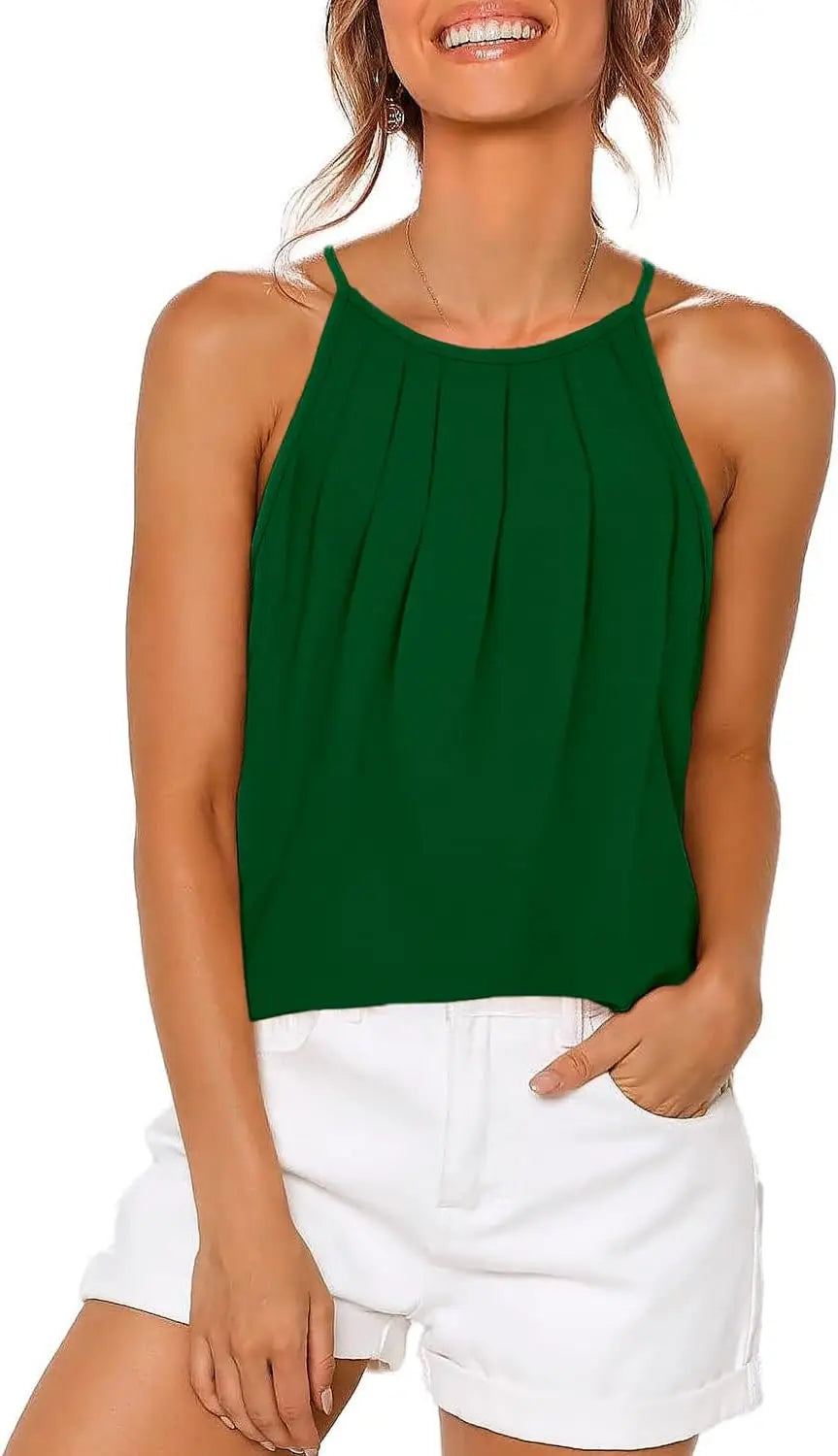 Womens Pleated Tank Tops Spaghetti Strap Camisole Halter Tops Curved Hem Fashion 2024