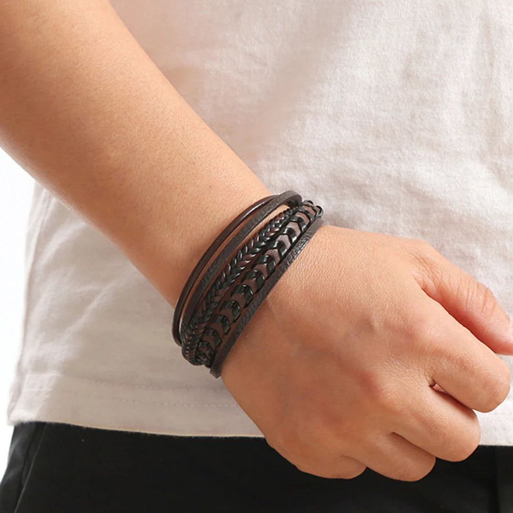 Men Leather Bracelet with Tiger Eye Beads Stylish Gift - Smarsty