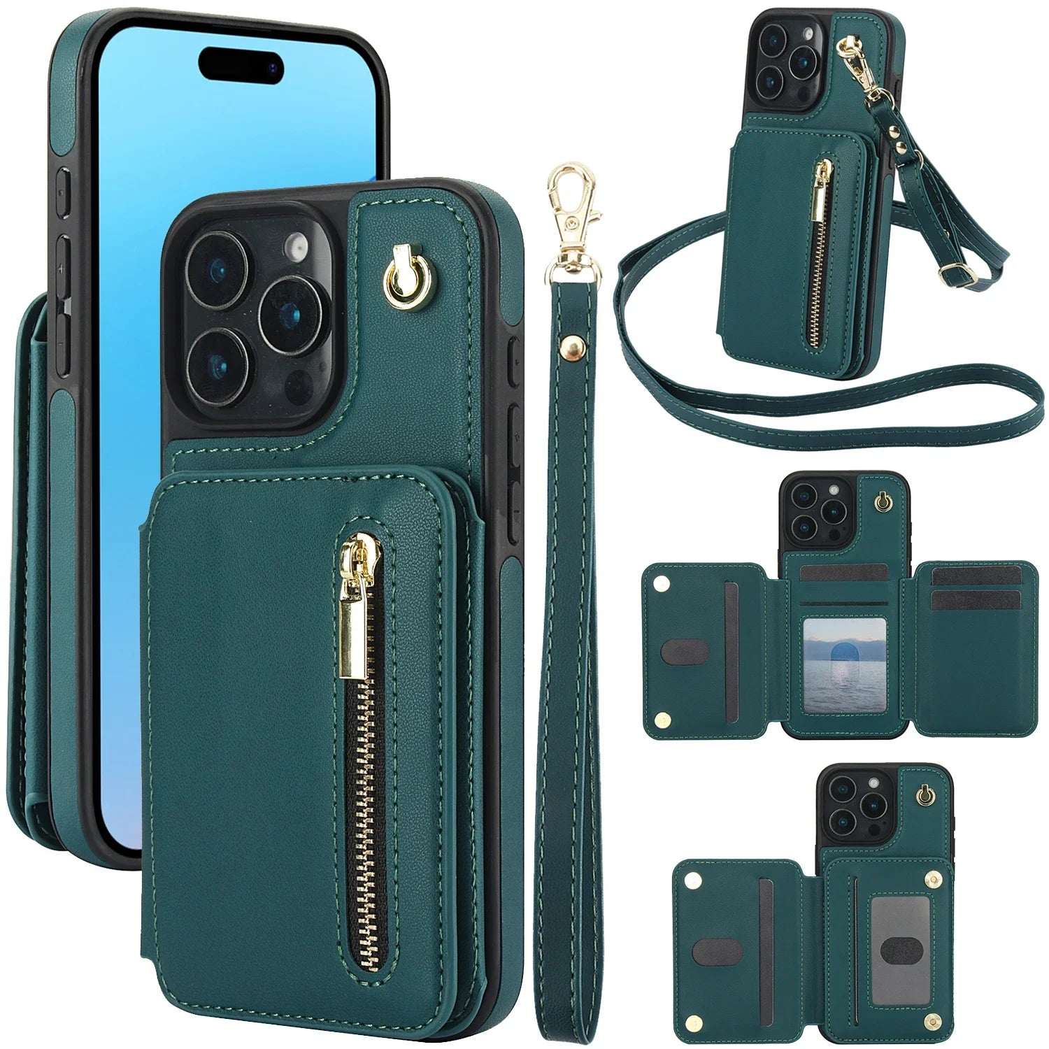 Card Slots Zipper Leather Wallet Case Flip Phone Case for IPhone 11 12 13 14 Ring Lanyard Purse by Smarsty