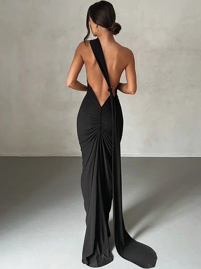 Hugcitar One Shoulder Backless Adjustable Scarf Loop Ruched Sexy Maxi Dress Women Elegant Y2K Streetwear Festival Outfit - Smarsty