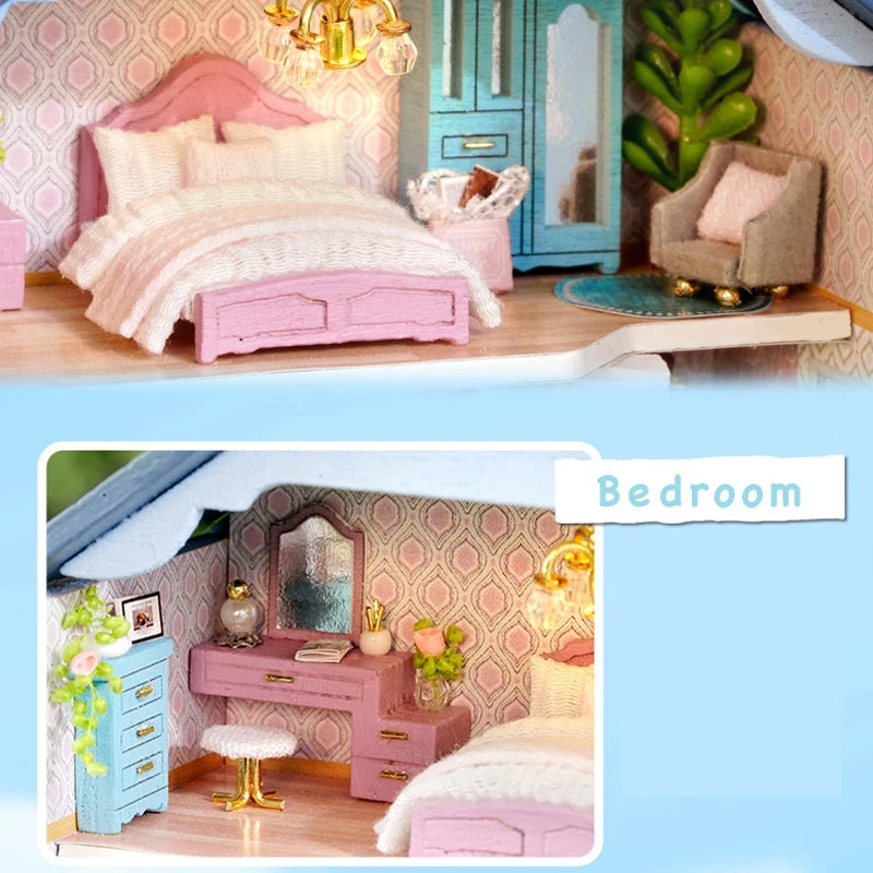 DIY Mini Wooden Doll House Assembly Building Model Pink Princess Villa Architecture Kit 3D Puzzle Dollhouse With Furniture Gifts by Smarsty