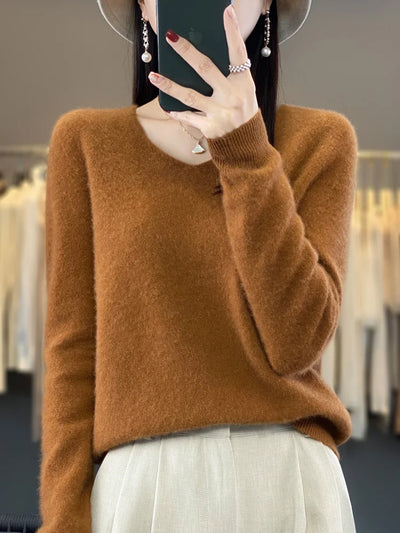 Fashion100% Merino Wool Sweater Cashmere  Pullover Women Knitwear V-Neck Long Sleeve  Autumn Winter Fashion Basic Clothing  Tops - Smarsty
