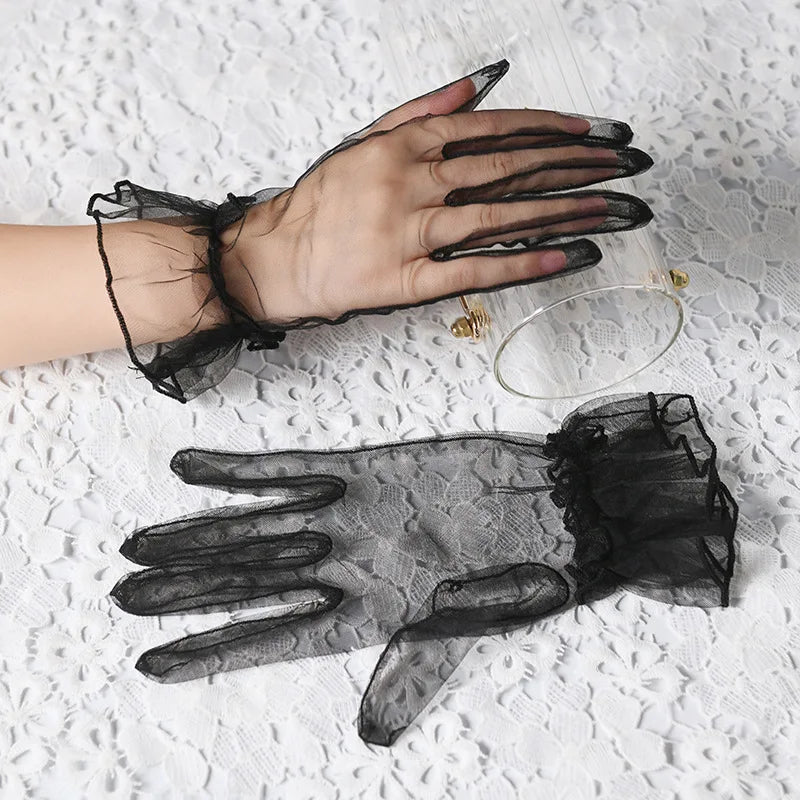 Women Lace Tulle Gloves Stretchy Full Finger Wedding Gloves - Smarsty