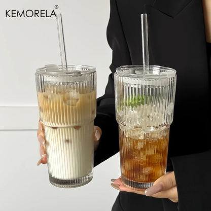 600ML Eco-Friendly Stripe Glass Coffee Cup with Lid - Smarsty