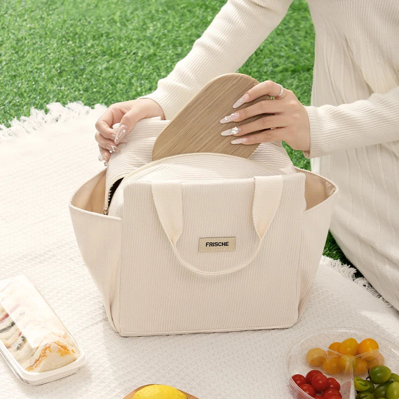 Corduroy Lunch Bag With Thermal Insulation Cooler Pack - Smarsty