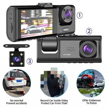 1080P 3 Channel Dash Cam Night Vision Crystal IPS Screen - Smarsty
