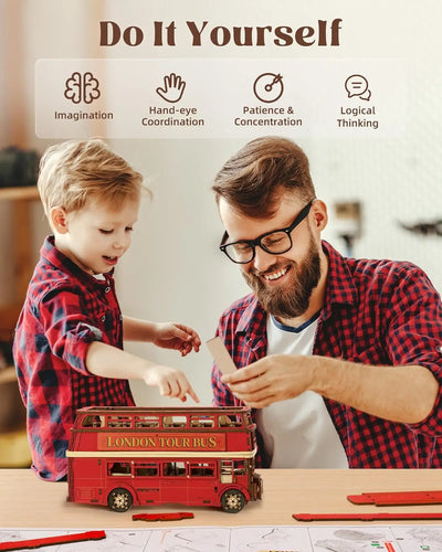 Robotime rolife London Tour Bus 3D Wooden Puzzles Wood Model Toy Car to Build Crafts Collectibles Gifts for Boys Girls - Smarsty