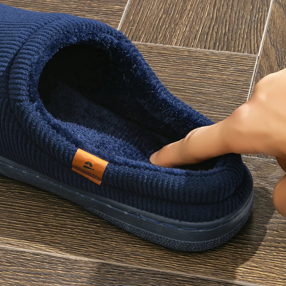 Warm Slippers for Men TPR Sole Memory Foam Soft Cushion Non Slip Stripe Design Comfortable Corduroy House Shoes - Smarsty