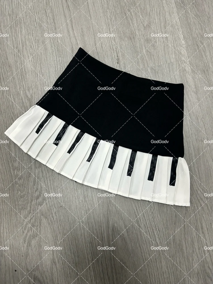 Spring Black White Spliced Women Short Skirt 2025 Y2k Slim Design Harajuku Mini Skirt Female Empire Korea Style Chic Piano Skirt - Smarsty