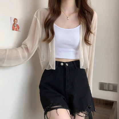 2025 Fairy Style Solid Cardigan Women Summer New Long Sleeve Sunscreen Sweet Beading V-neck Basics Loose Chiffon Cardigan - Smarsty