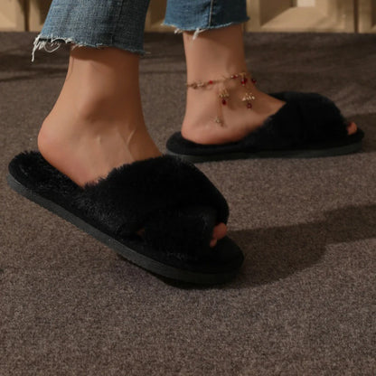 Cross Warm Fluffy Furry Slippers Women Lightweight Flat Heels Fur Slides Woman Autumn Winter Open Toe Non Slip Home Floor Shoes