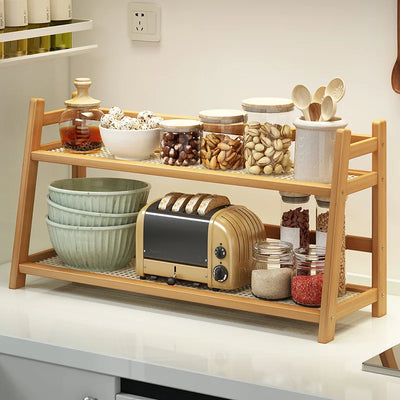 2 Layer Spice Caddy Shelf Bamboo Kitchen Storage Rack Desktop Cabinet Organizer Display Rack Coffee Bar Counter Shelf Cup Holder by Smarsty