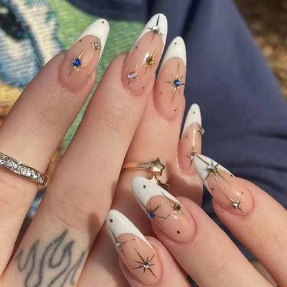 24PCS French Almond Fake Nails with Pearl Trim - Smarsty