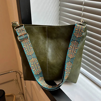 Wide Geometric Strap Shoulder Bag Large Capacity Crossbody Bags For Women,Retro Pu Leather Women's Bag For Shopping Travel - Smarsty
