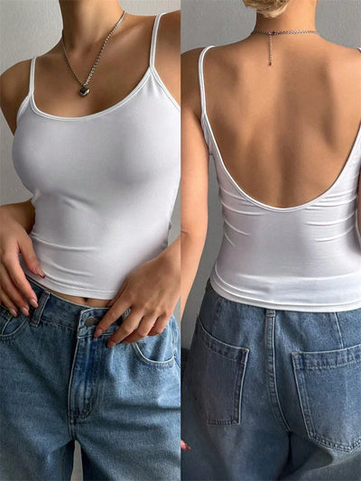 Women Backless Cami Crop Top Summer Solid Color Casual Sleeveless Top Streetwear Y2K Clothes - Smarsty