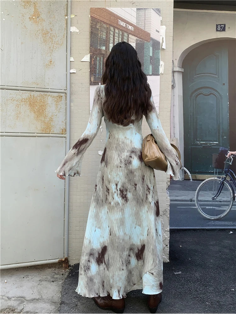 CHEERART Designer Pleate French Long Maxi Dress For Women Flare Long Sleeve Swing A Line Dress Fall Clothes - Smarsty