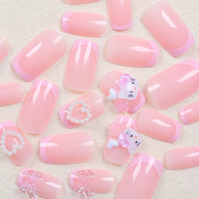 Cute Cartoon Cat Pink French Nail Set for Parties - Smarsty
