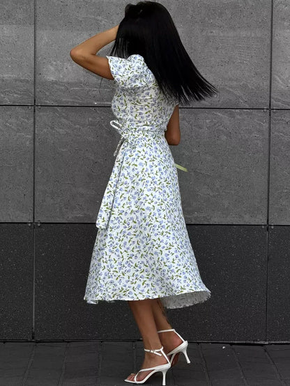 Summer Women's Light Long Dress 100% Cotton A-line Midi Dresses Muslin with Side Slits Flowers Elegant Beige Dress for Women