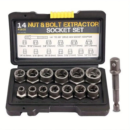 14Pcs Stripped Lug Nut Remover with Hex Adapter Extraction Socket Set, Impact Bolt & Nut Remover Removing Bolts and Nuts