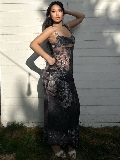 Dulzura Lace Print Cut Out Maxi Dress Bodycon Sexy Party Club Y2K Outfits Streetwear Bandage Dress Vestido Classic Prom