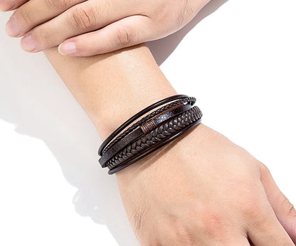 Mens Leather Bracelet Magnetic Buckle Multilayer Bangles - Smarsty