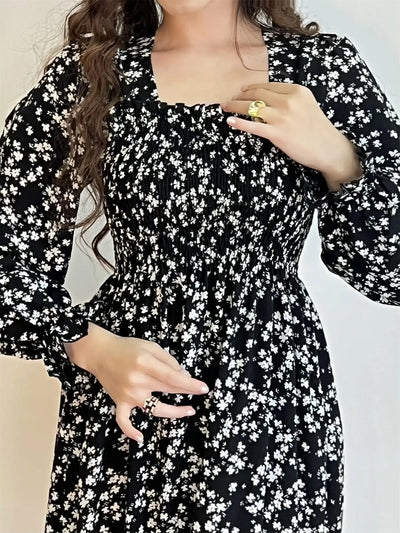 Long Sleeve Casual Dress Women Chiffon Dresses Autumn Spring A-line Printed Floral Elastic Chest Lace Up Midi Dresses Vestidos - Smarsty