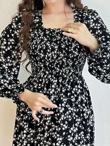 Long Sleeve Casual Dress Women Chiffon Dresses Autumn Spring A-line Printed Floral Elastic Chest Lace Up Midi Dresses Vestidos - Smarsty