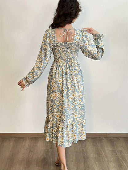 Long Sleeve Casual Dress Women Chiffon Dresses Autumn Spring A-line Printed Floral Elastic Chest Lace Up Midi Dresses Vestidos - Smarsty