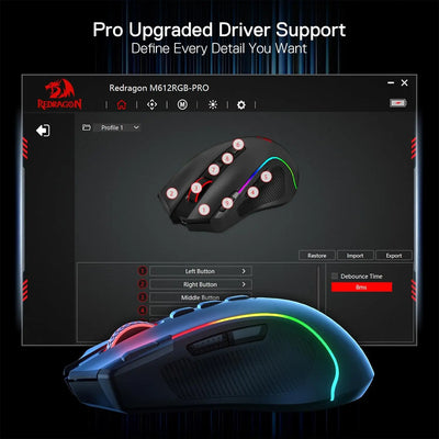 Redragon M612 PRO BT & 2.4RGB Gaming Mouse, 8000 DPI Wired/Wireless Optical Gamer Mice 11 Programmable Buttons & 6 Backlit Modes - Smarsty