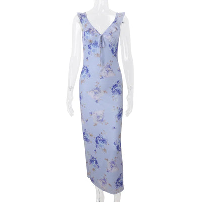 Cryptographic Summer Floral Print Plunge Maxi Dress Outfits Sexy Backless Fairy Sun Dresses Vacation Beachwear Vestido Coquette - Smarsty