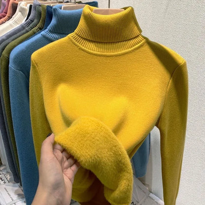 Turtleneck Winter Sweater Women Elegant Thicken Velvet Lined Warm Sueter Knitted Pullover Slim Tops Jersey Knitwear Jumper New - Smarsty