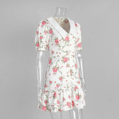 Sweet Floral Printed Ruffle Hem Dress Chic A-line Lapel Puff Sleeve Dresses For Women 2025 Summer Lady Holiday Street Gowns New