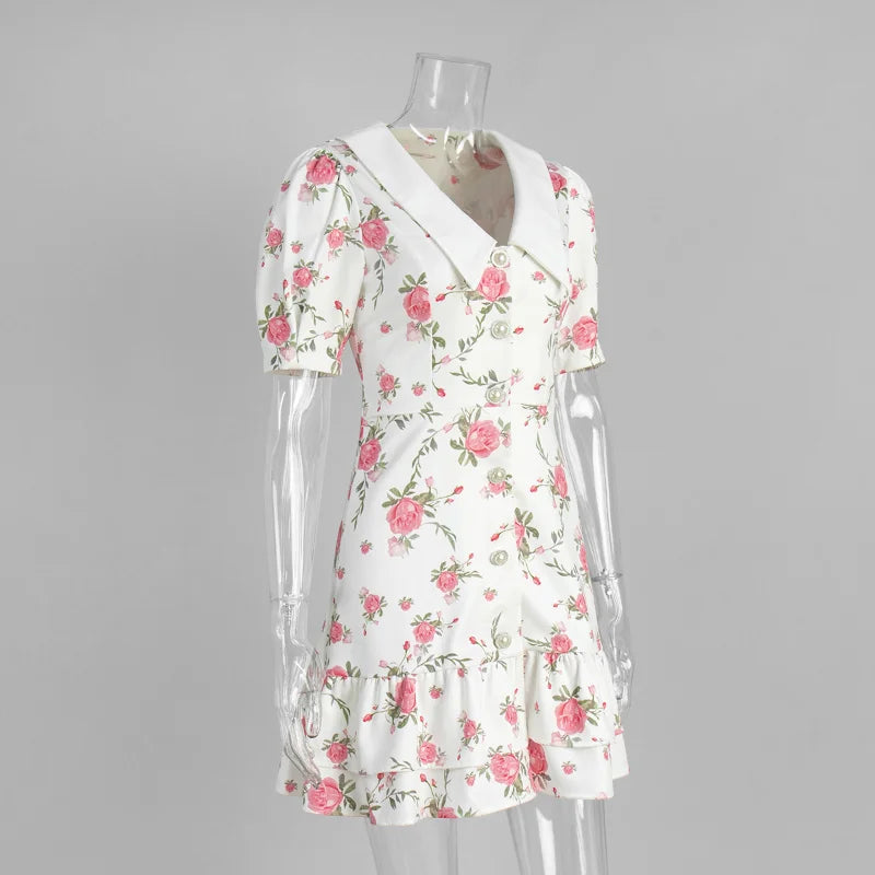 Sweet Floral Printed Ruffle Hem Dress Chic A-line Lapel Puff Sleeve Dresses For Women 2025 Summer Lady Holiday Street Gowns New